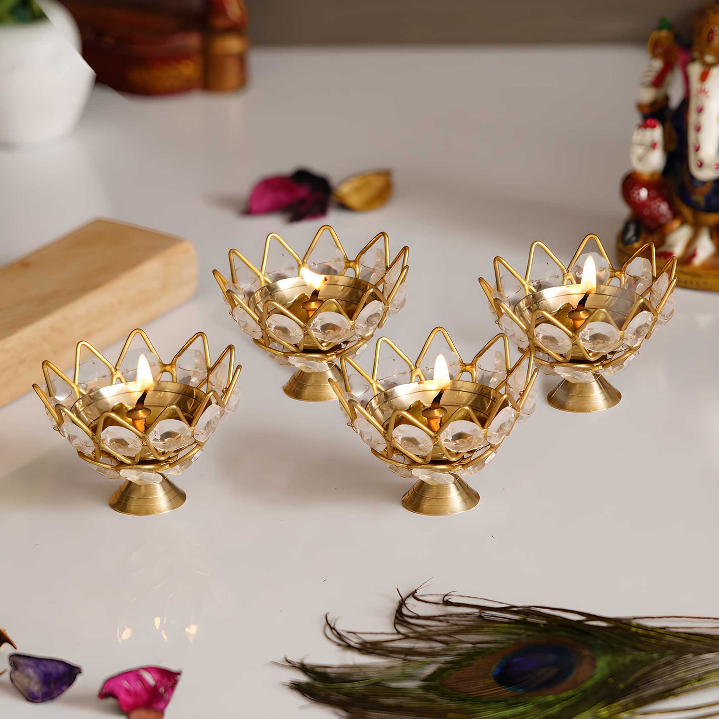 Lotus Shape Crystal Tea Light Holder (Set of 4)